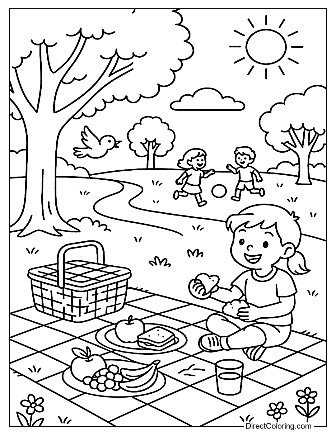 Coloring page of a picnic scene in the park, with trees, birds, mats, baskets and a few children playing.